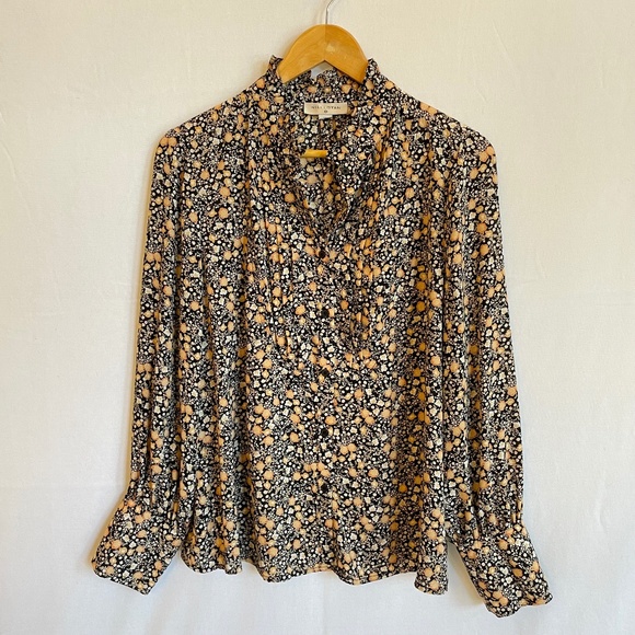 NILI LOTAN Sz XL Button Front Long Sleeve Blouse Ditsy Orange Black Cream Floral - Picture 1 of 8